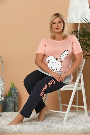 Elitol Kadın Somon Battal Boy Baskılı Pamuklu Likralı Pijama Takım
