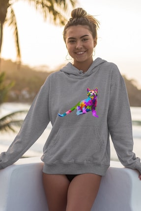 Angemiel Wear Zıplayan Tatlı Rengarenk Kedi Gri Kadın Kapüşonlu Sweatshirt Çanta Kombin