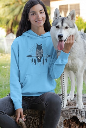 Angemiel Wear Black Wıngs Baykuş Mavi Kadın Kapüşonlu Sweatshirt Çanta Kombin