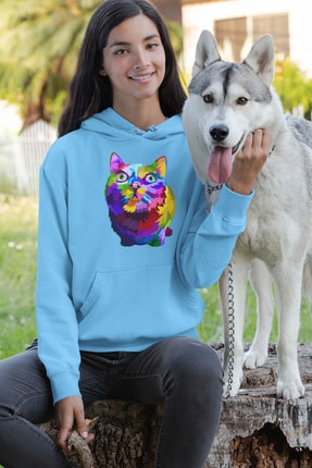 Angemiel Wear Curious Cat Mavi Kadın Kapüşonlu Sweatshirt Çanta Kombin