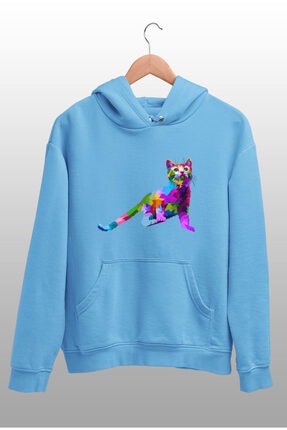 Angemiel Wear Zıplayan Tatlı Rengarenk Kedi Mavi Kadın Kapüşonlu Sweatshirt Çanta Kombin