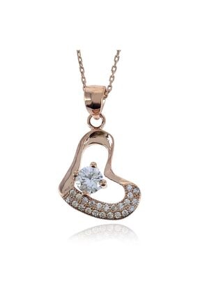 SilverPlus Zirkon Taşlarla Süslenmiş Rose Gümüş Kalp Bayan Kolye