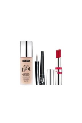 Pupa Milano 3'lü Makyaj Seti - Fondöten Active Light 051 Siyah Eyeliner No:100 Kırmızı Ruj