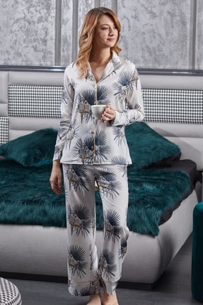 Pamuk & Pamuk Gömlek Yaka Biyeli Muhabbet Kuşu Desen Saten Kadın Pijama