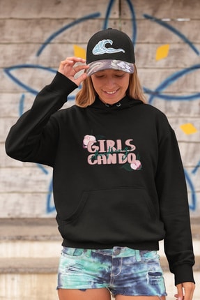 Angemiel Wear Girls Anything Can Do Siyah Kadın Kapüşonlu Sweatshirt Çanta Kombin