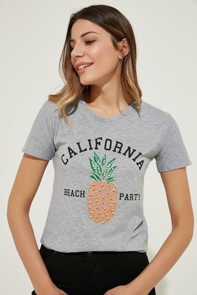 Zindi Kadın Ananas Baskılı Boncuklu T-Shirt Gri 19YK-1071010-005