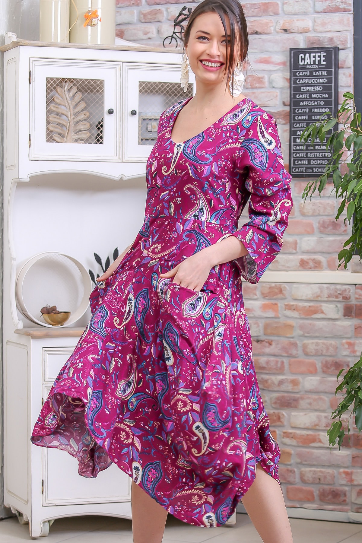Chiccy Kadın Fuşya Retro Şal Desenli Asimetrik Etek Cep Detaylı Elbise M10160000EL96966