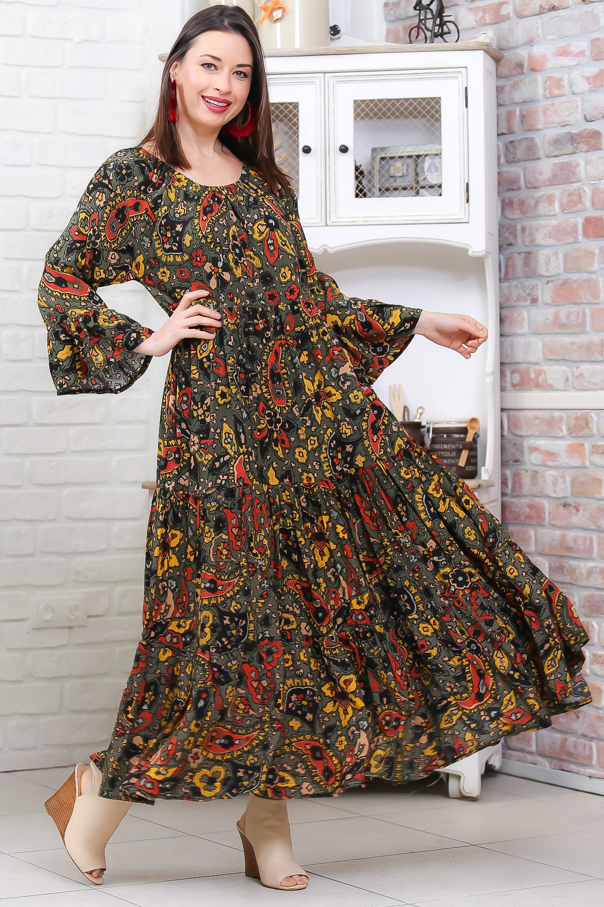 Chiccy Kadın Haki Bohem Çiçek Desenli Kolları Volanlı Dokuma Elbise M10160000EL96973