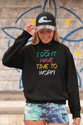 Angemiel Wear I Dont Have Time The Work Siyah Kadın Kapüşonlu Sweatshirt & Çanta Kombin