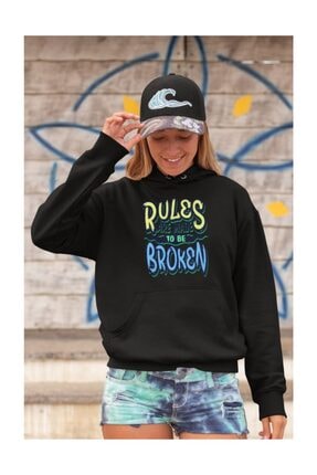 Angemiel Wear Rules Are Made To Be Broken Siyah Kadın Kapüşonlu Sweatshirt Çanta Kombin