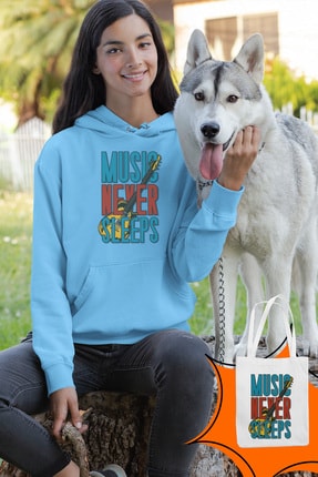 Angemiel Wear Music Never Sleeps Mavi Kadın Kapüşonlu Sweatshirt Çanta Kombin