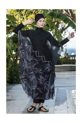 Armes Tesettür Mayo Üzerine Desenli Kaftan Pareo 001/413 Siyah