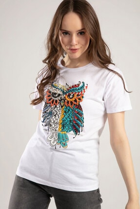 Y-London Kadın Beyaz Taş İşlemeli Baykuş Baskılı Tişört Y20S116-3003