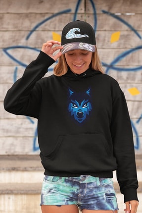Angemiel Wear Blue Wolf Siyah Kadın Kapüşonlu Sweatshirt Çanta Kombin