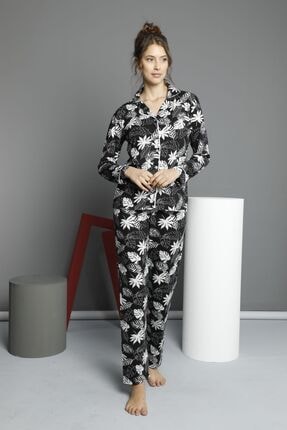 Siyah İnci Uzun Kollu Pamuklu Likralı Düğmeli Biyeli Pijama Takım