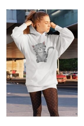 Angemiel Wear Cat Beyaz Kadın Kapüşonlu Sweatshirt Çanta Kombin