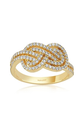 Valori Jewels Çift Sonsuzluk Bağı, Beyaz Zirkon Taşlı, Tasarım Altın Rengi Gümüş Yüzük