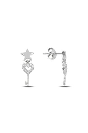 Tevuli Gümüş 925 Ayar Zirkon Taşlı Sallantılı Anahtar & Kalp Küpe