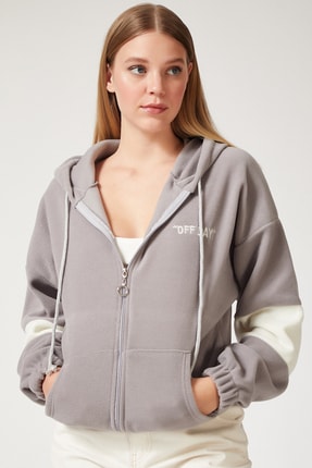 Happiness İst. Kadın Gri Nakış Detaylı Fermuarlı Polar Sweatshirt BY00016