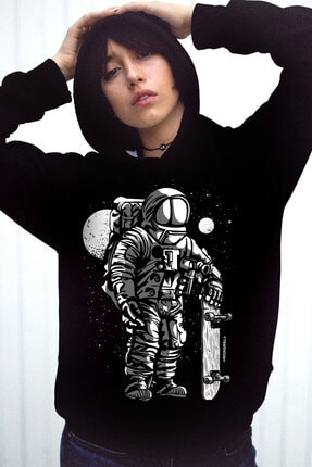Rock & Roll34 Kadın Siyah Kaykaycı Astronot Kapşonlu Şardonlu Kalın Sweatshirt
