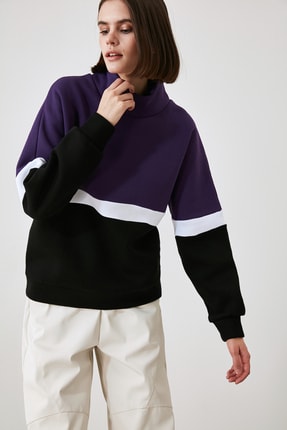 TrendyolMilla Siyah Renk Bloklu Oversize Örme Sweatshirt TWOAW21SW1863
