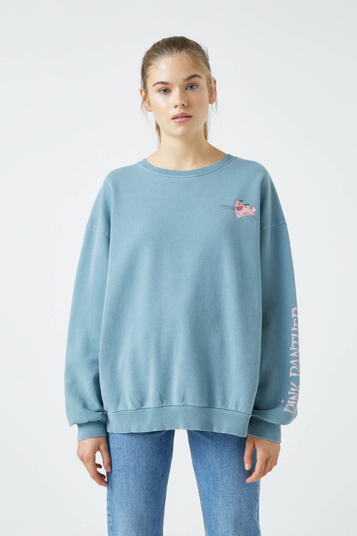 Pull & Bear Kadın Su Yeşili Bisiklet Yaka Pembe Panter Görselli Sweatshirt 09594396