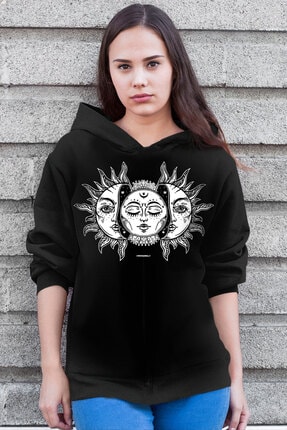 Rock & Roll34 Kadın Siyah Ay Güneş Kapşonlu Şardonlu Kalın Sweatshirt