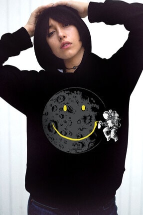 Rock & Roll34 Kadın Siyah Grafitici Astronot Kapşonlu Şardonlu Kalın Sweatshirt