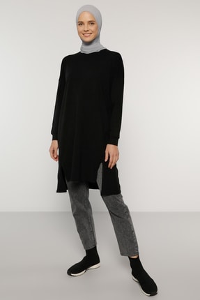 Everyday Basic Kadın Siyah Doğal Kumaşlı Yırtmaç Detaylı Basic Tunik 1784979