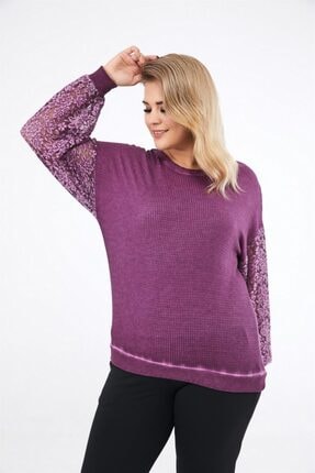 Seamoda Kadın Mürdüm Waffle Kumaş Kolu Dantelli Yağ Yıkama Sweat-