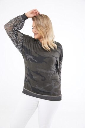 Seamoda Kadın Antrasit Kamuflaj Desen Kolu Dantelli Büyük Beden Sweatshirt