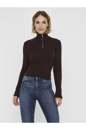 Vero Moda Kadın Kahverengi Yakası Fermuarlı Sweat Kazak 10239082 VMTAMMI