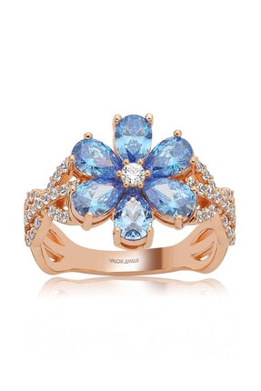 Valori Jewels 2 Karat Swarovski Zirkon Mavi Damla Taşlı, Rose Gümüş Çiçek Yüzük
