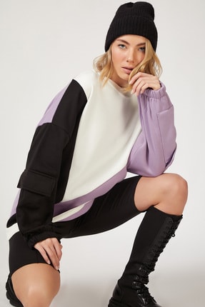 Happiness İst. Kadın Beyaz Blok Renkli Polarlı Oversize Sweatshirt BY00017