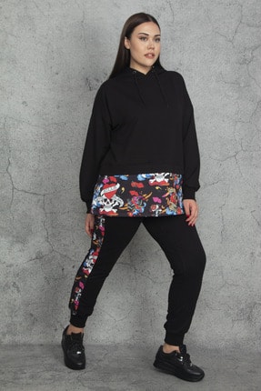 Şans Kadın Siyah Kapüşonlu Fermuar Ve Baskı Detaylı Sweatshirt Pantolon Takım 65N20320