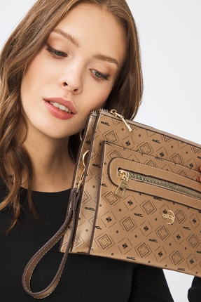 Deri Company Kadın Altın Basic Monogram Desen Clutch Çanta (4034a) 214031
