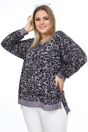 Seamoda Kadın Mor Leopar Desen Yanları Yırtmaçlı Yağ Yıkama Sweat-mor