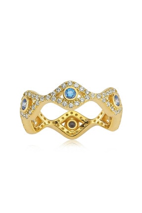 Valori Jewels Mini Nazar Gözü, Swarovski Zirkon Mavi Ve Beyaz Taşlı, Altın Rengi Gümüş Tamtur Yüzük