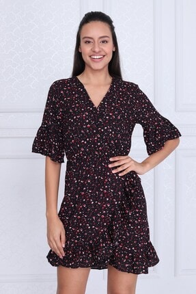 Cotton Mood Kadın Siyah Desenli Viskon Kruvaze Yarım Kol Elbise 9331660