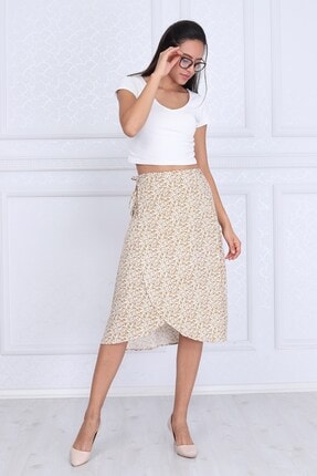 Cotton Mood Kadın Ekru Sarı Viskon Desenli Beli Bağlamalı Anvelop Etek 773 9313124