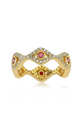 Valori Jewels Mini Nazar Gözü, Swarovski Zirkon Kırmızı Ve Beyaz Taşlı, Altın Rengi Gümüş Tamtur Yüzük