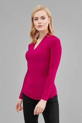 Journey Kadın Pembe V Yaka Yan Dikiş Büzgü Detaylı Uzun Kol Body