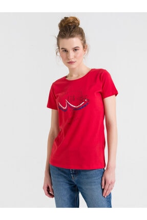 LTB Kadın Kırmızı Baskılı Kısa Kol Bisiklet Yaka T-Shirt 012198038561430000