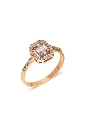 Pink Gold Store Kadın Pembe Büyük Baget Yarımtur Taşlı 14 Ayar Altın Yüzük