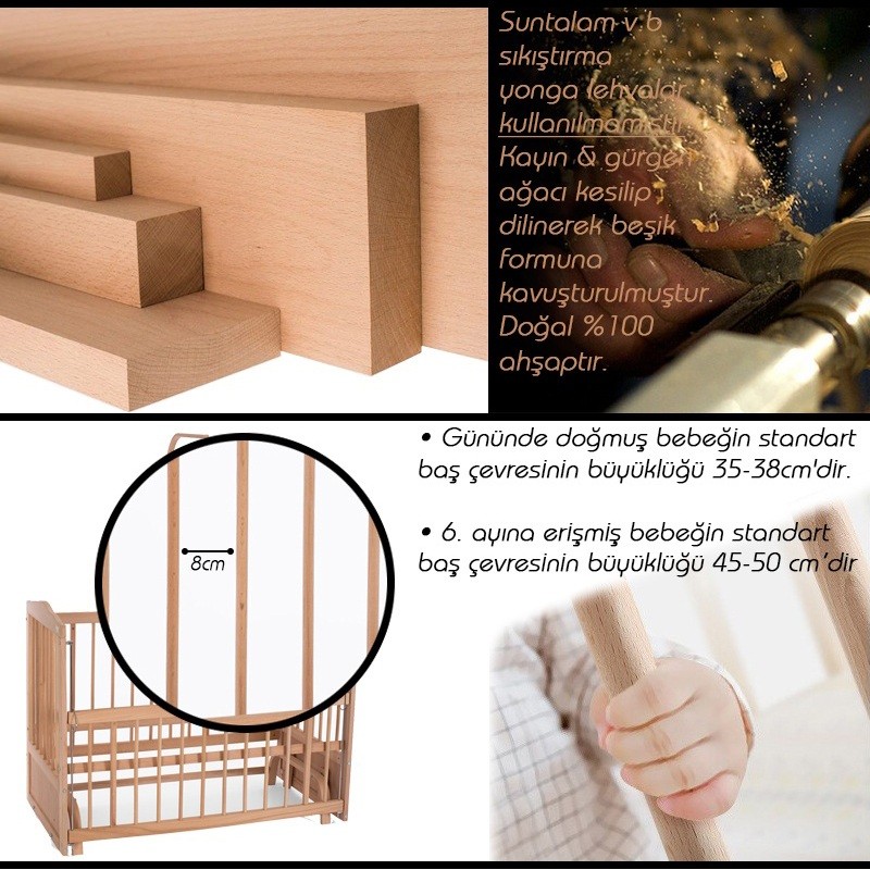 Heyner Ahşap Beşik Anne Yanı Beşik Sallanır Beşik Organik 60x120