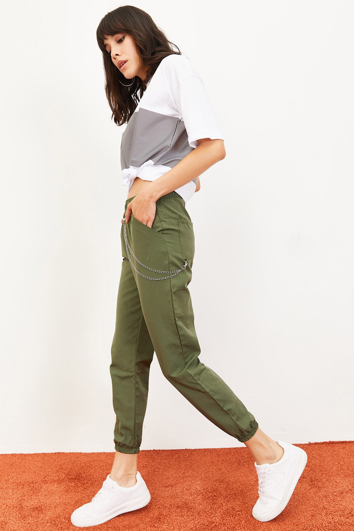 Bianco Lucci Kadın Beli Lastikli Jogger Fit Yan Zincirli Pantolon Haki 10061016