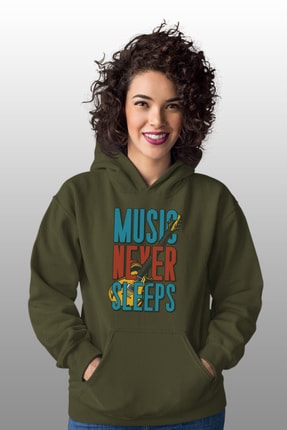 Angemiel Wear Music Never Sleeps Yeşil Kadın Kapüşonlu Sweatshirt Çanta Kombin