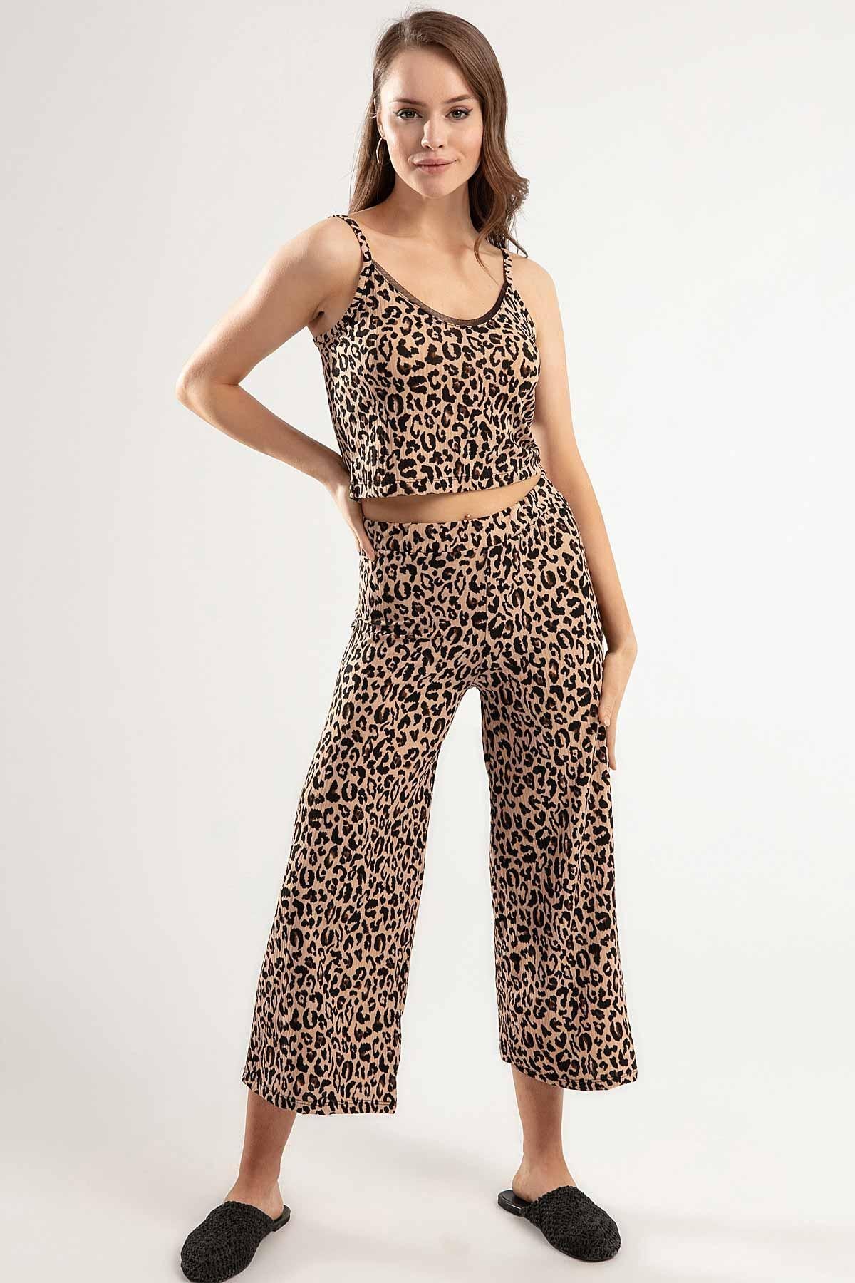 Y-London Kadın Leopar Desenli İp Askılı Büstiyer Bol Kesim Beli Lastikli Pantolon Takım Y20S159-5415-1