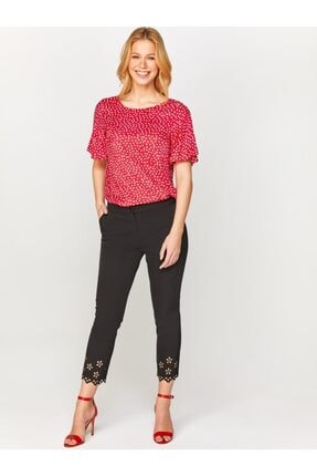 Faik Sönmez Kadın Siyah Slim Fit Paçası Delik İşli Kumaş Pantolon 60540 U60540
