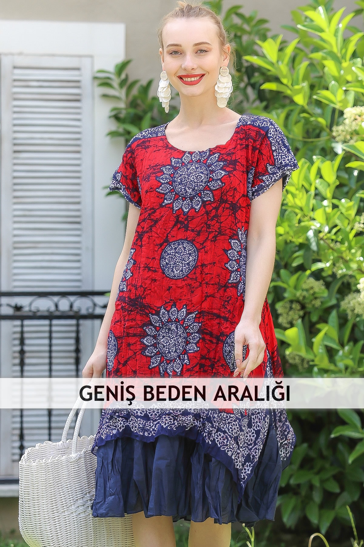 Chiccy Kadın Lacivert-Kirmizi Bohem Mühür Desenli Düşük Kollu Astarlı Tülbent Elbise M10160000El96836
